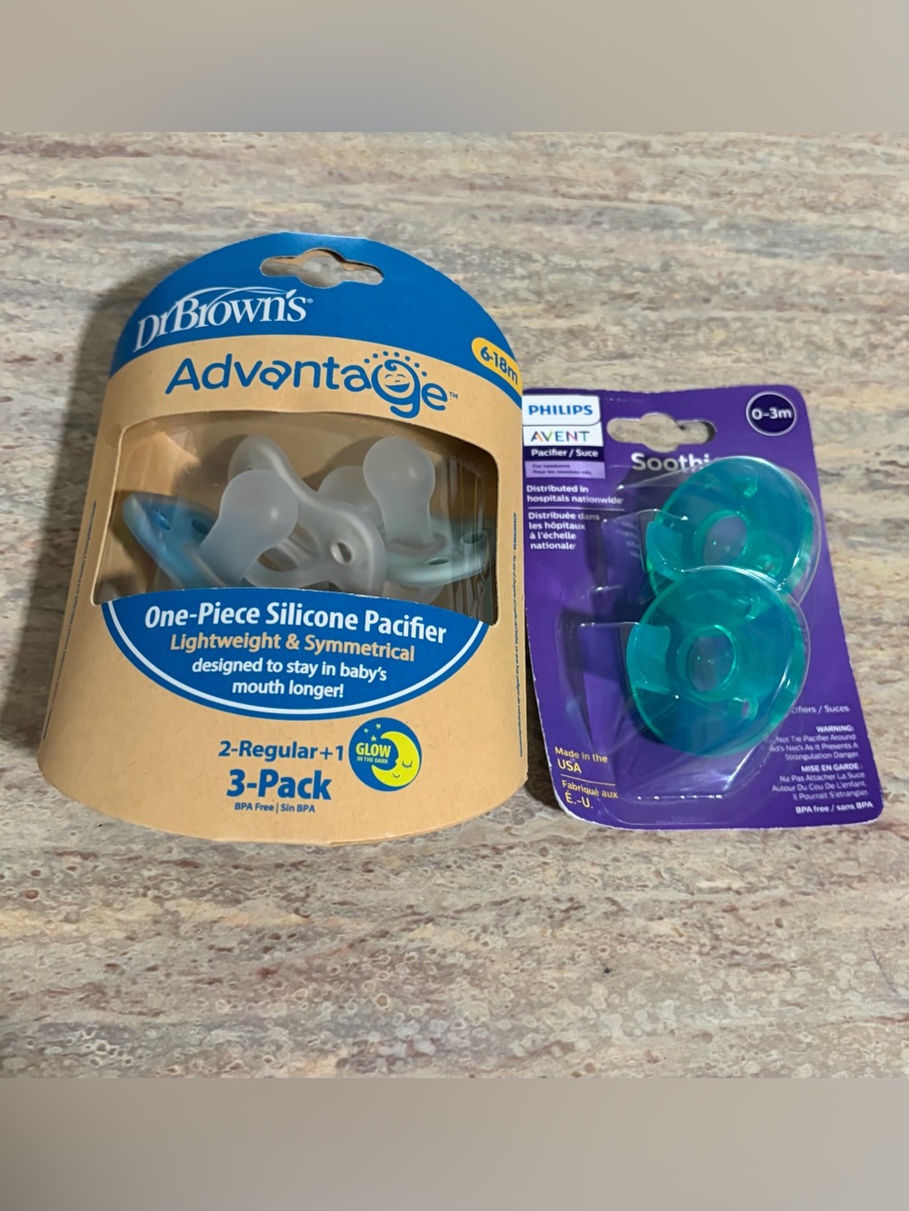 Dr Brown’s Advantage (3-Pack) One-Piece Silicone Pacifier & Philips Avent (2)